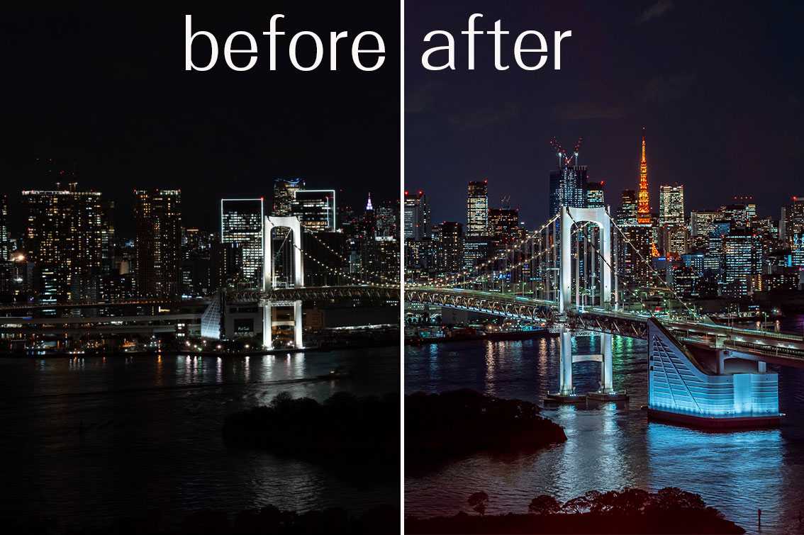 夜景プリセットを使う前と使ったあとの比較（レインボーブリッジ）